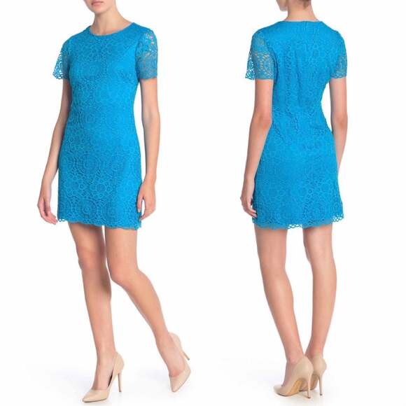 Laundry By Shelli Segal  Blue Lace Short Sleeve Mini Dress 4 - Picture 1 of 5
